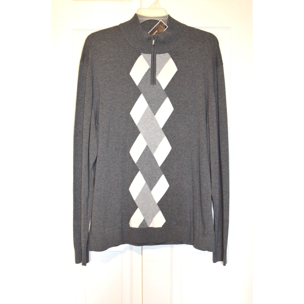 Nwt's Alfani Gray Sweater 1/4 Zip Mens XXL Argyle Front Gray & White